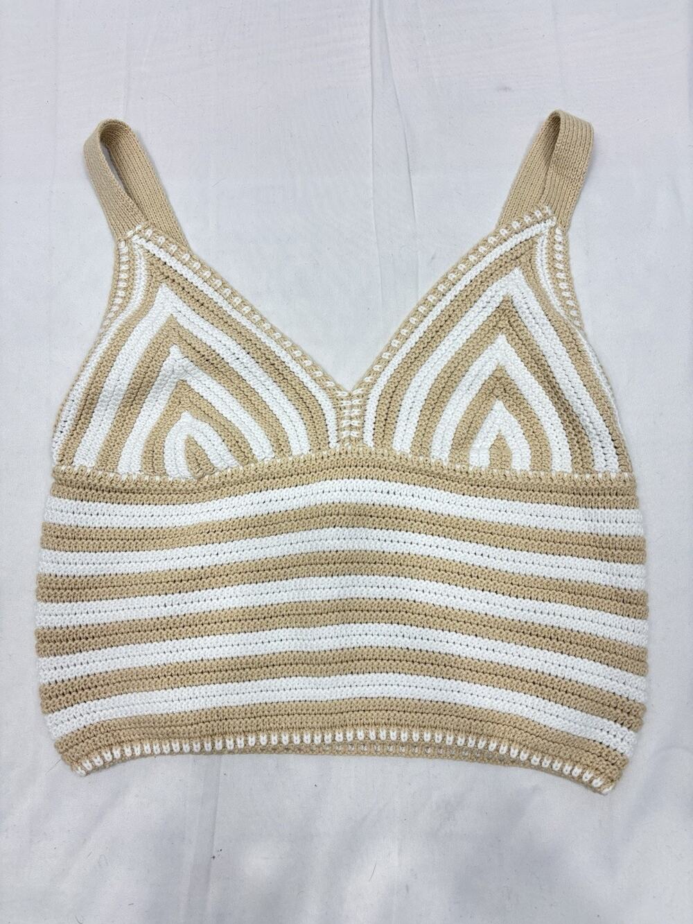 Willow & Wind Women’s L Crochet Knitted Tank Top Tan White Stripe Boho Y2K